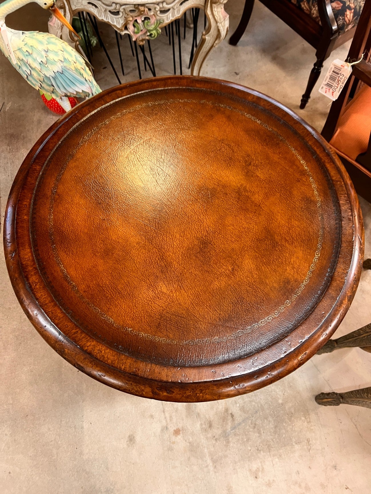 John-Richard European Crossroads Round Side Table – Leather Top, Barley Twist Legs
