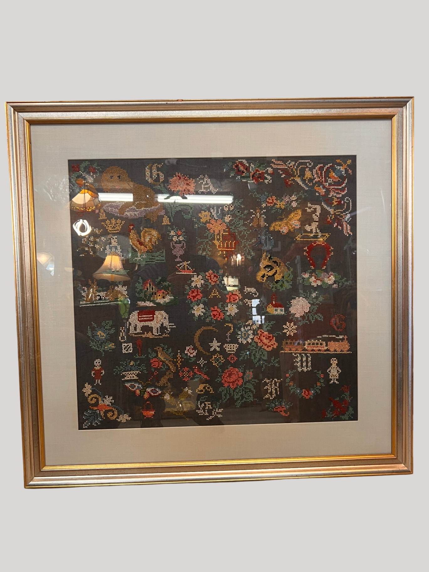 Large Framed Needlepoint Sampler – Multi-Motif Folk & Decorative Art – Armand Lee Frame