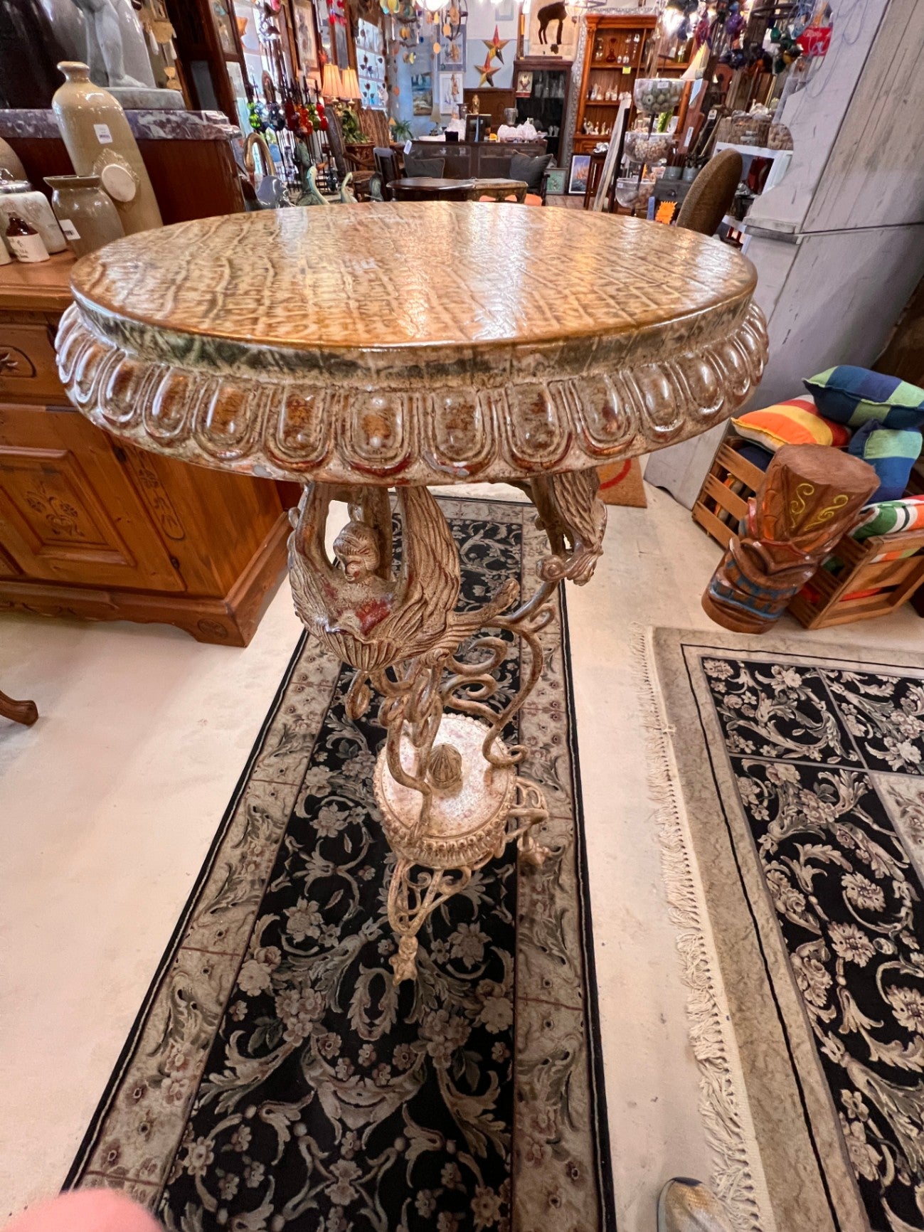 New Figural Caryatid Pedestal Side Table – Faux Crocodile Top, Hollywood Regency / Neoclassical