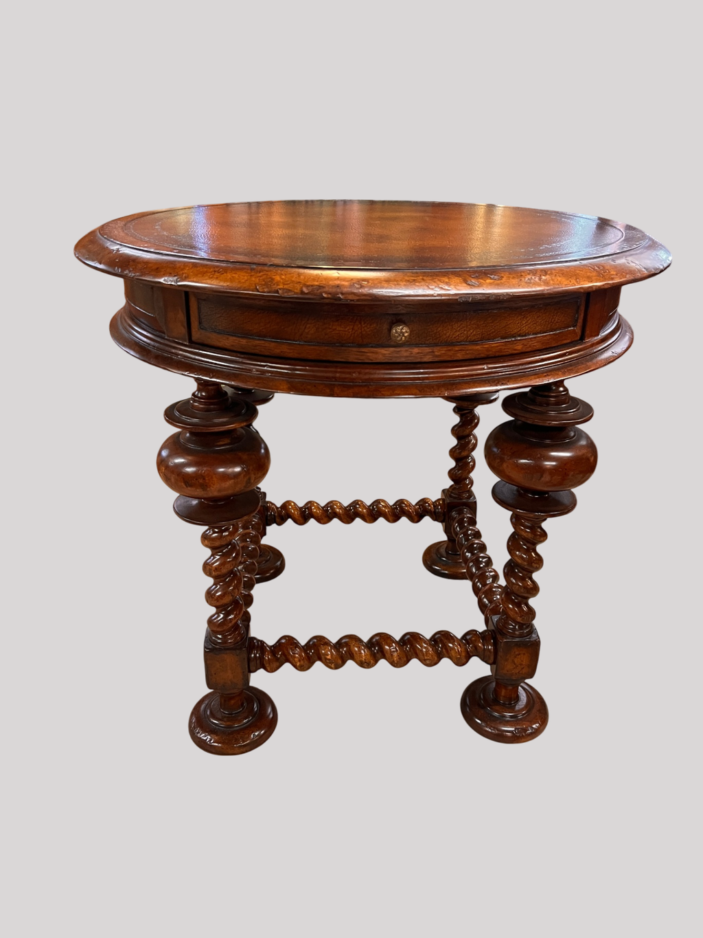 John-Richard European Crossroads Round Side Table – Leather Top, Barley Twist Legs