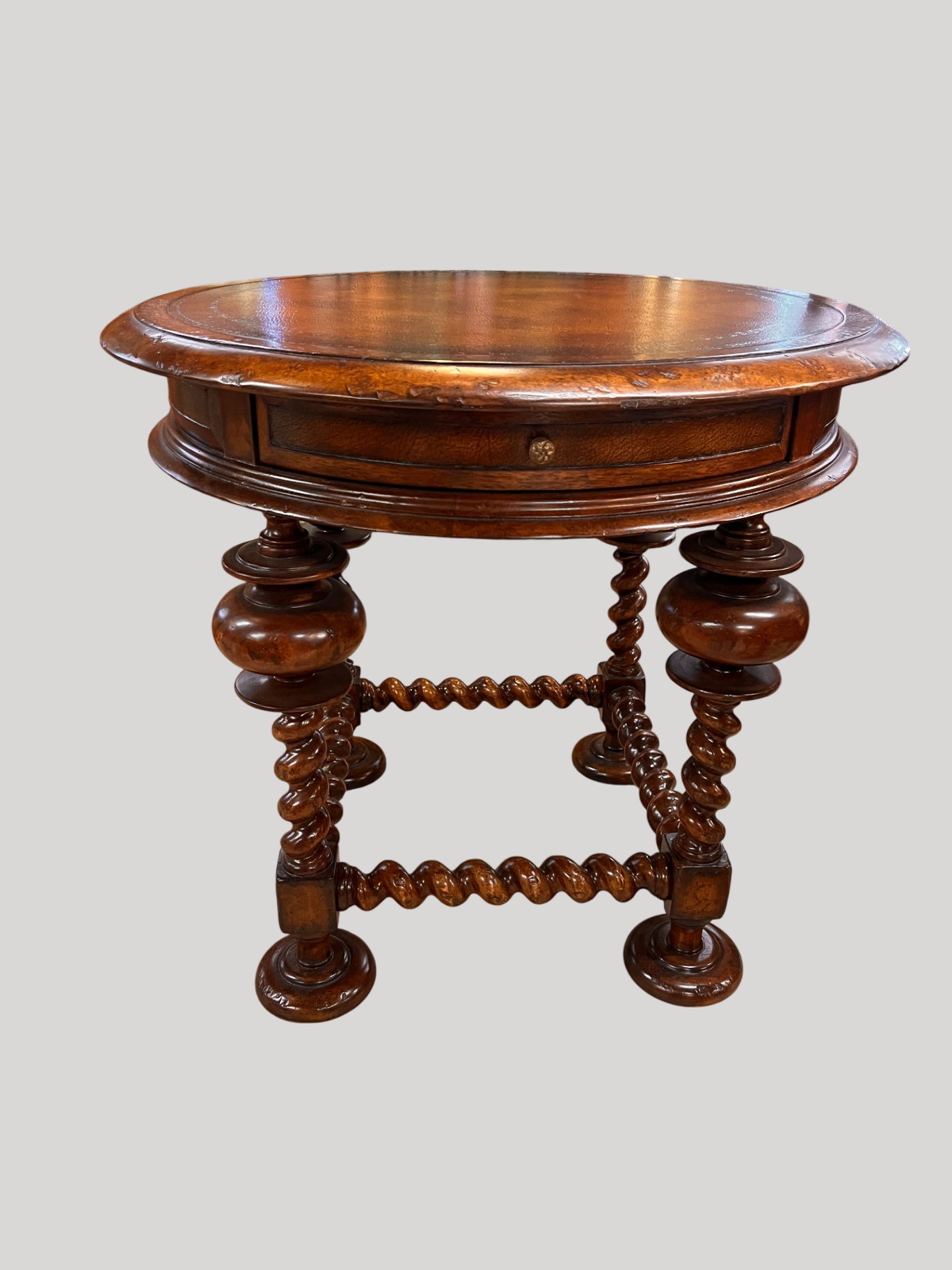 John-Richard European Crossroads Round Side Table – Leather Top, Barley Twist Legs