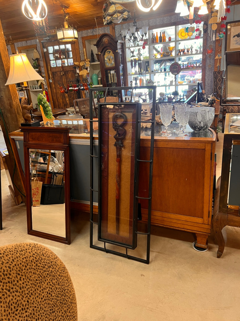 John-Richard Shadowbox Wall Art – African-Inspired Carved Staff in Iron Frame