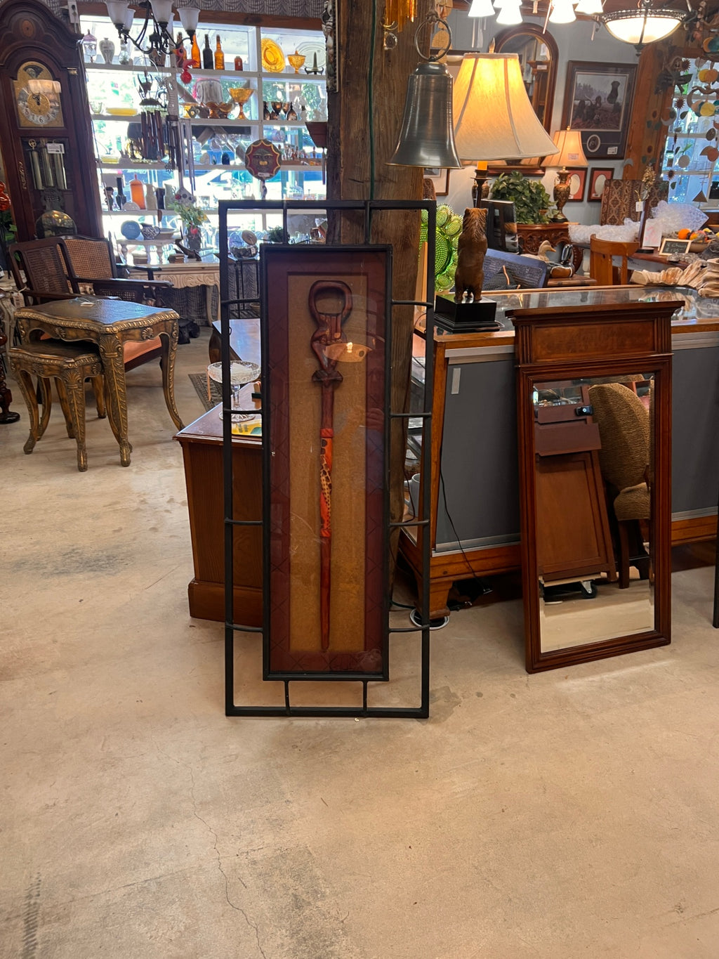 John-Richard Shadowbox Wall Art – African-Inspired Carved Staff in Iron Frame