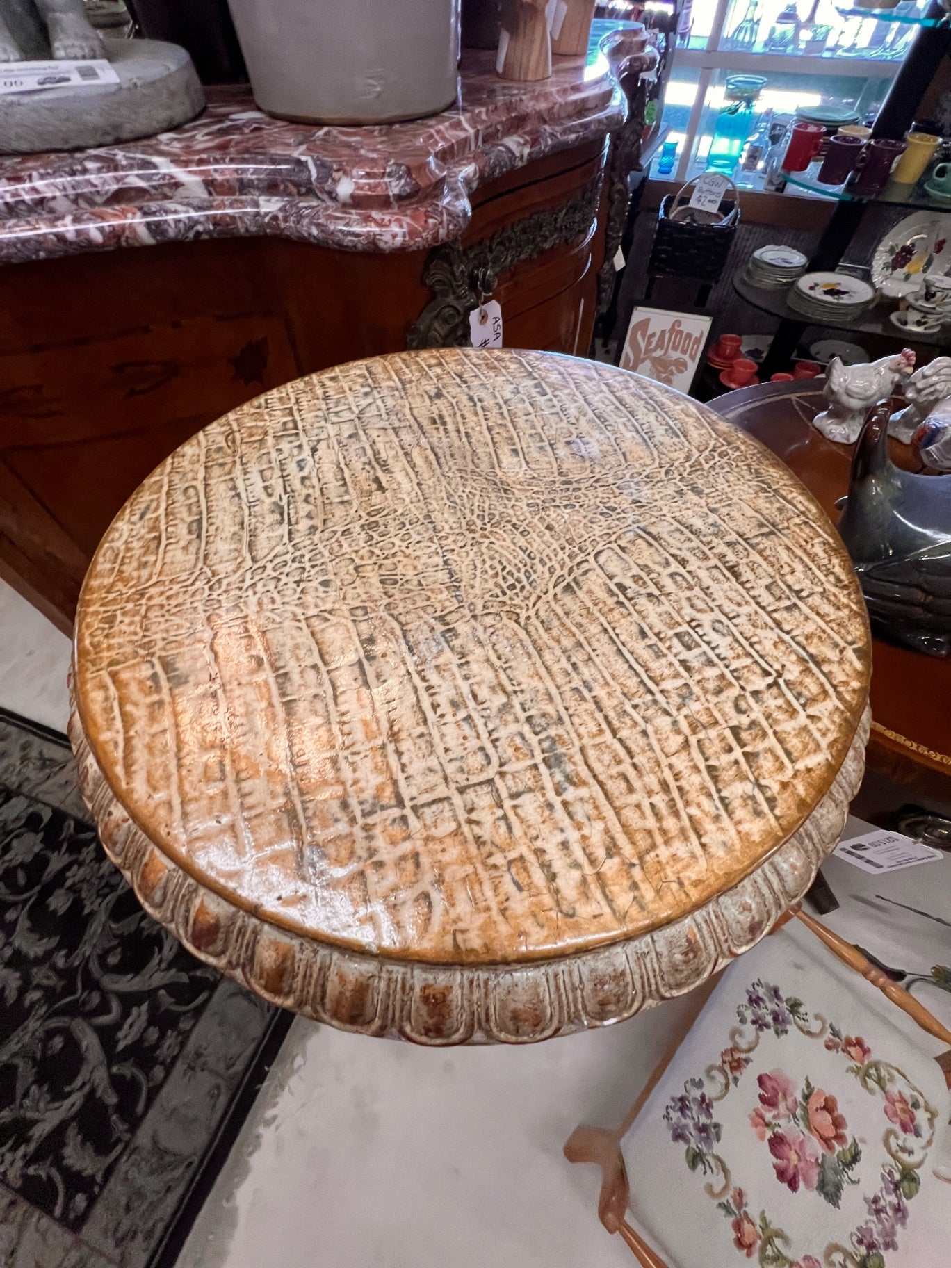 New Figural Caryatid Pedestal Side Table – Faux Crocodile Top, Hollywood Regency / Neoclassical