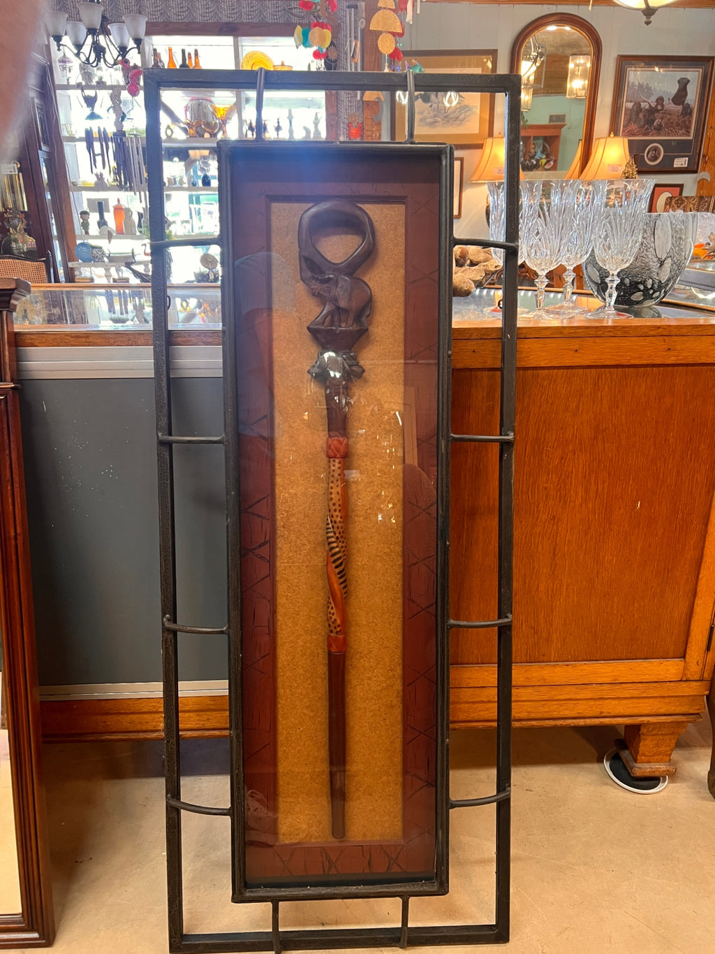 John-Richard Shadowbox Wall Art – African-Inspired Carved Staff in Iron Frame