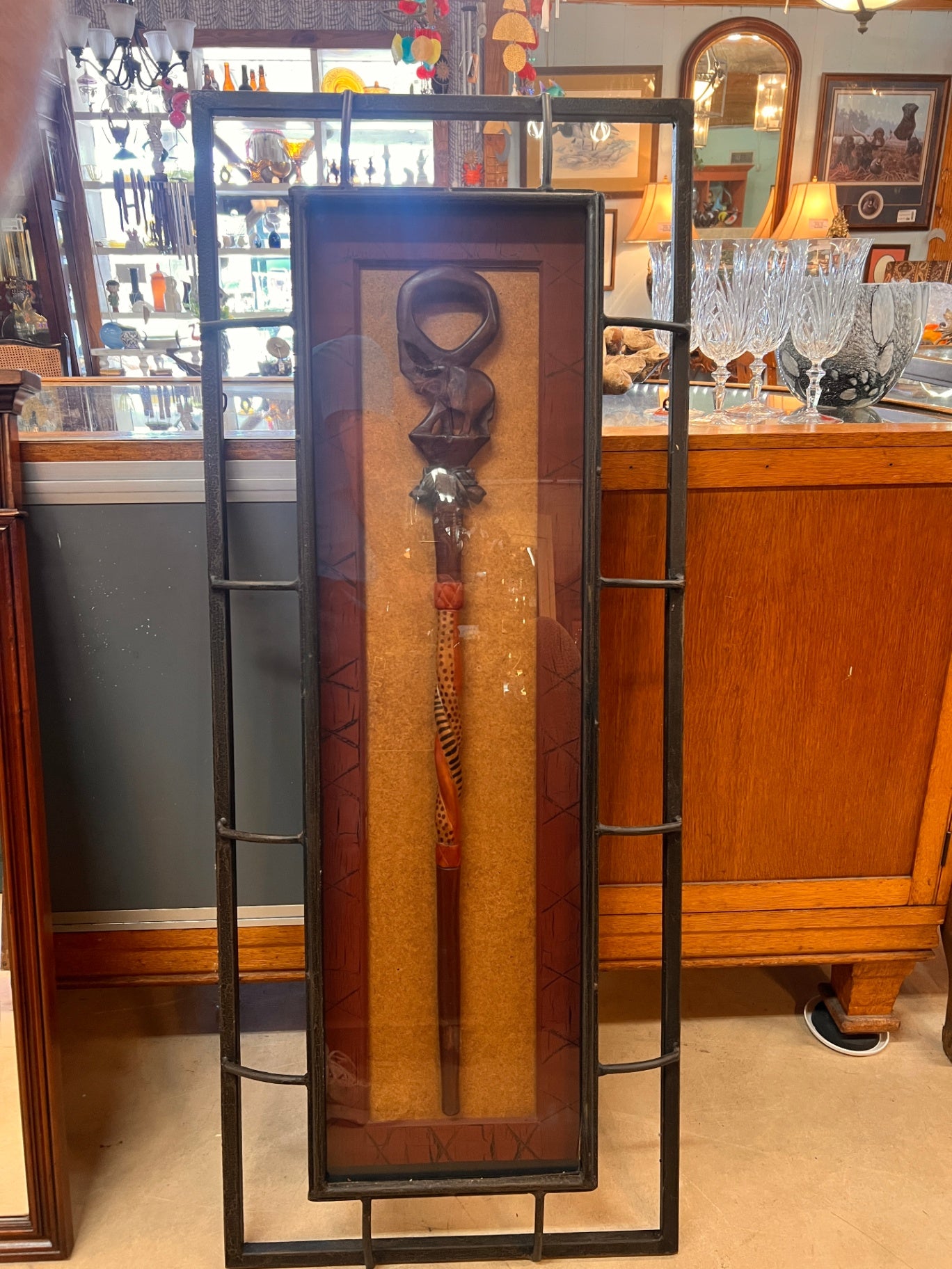 John-Richard Shadowbox Wall Art – African-Inspired Carved Staff in Iron Frame