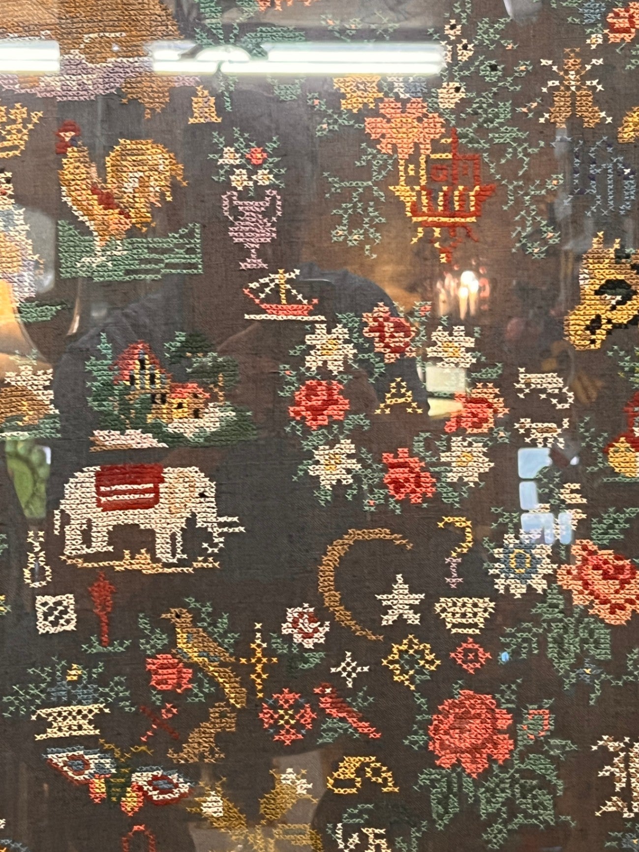 Large Framed Needlepoint Sampler – Multi-Motif Folk & Decorative Art – Armand Lee Frame