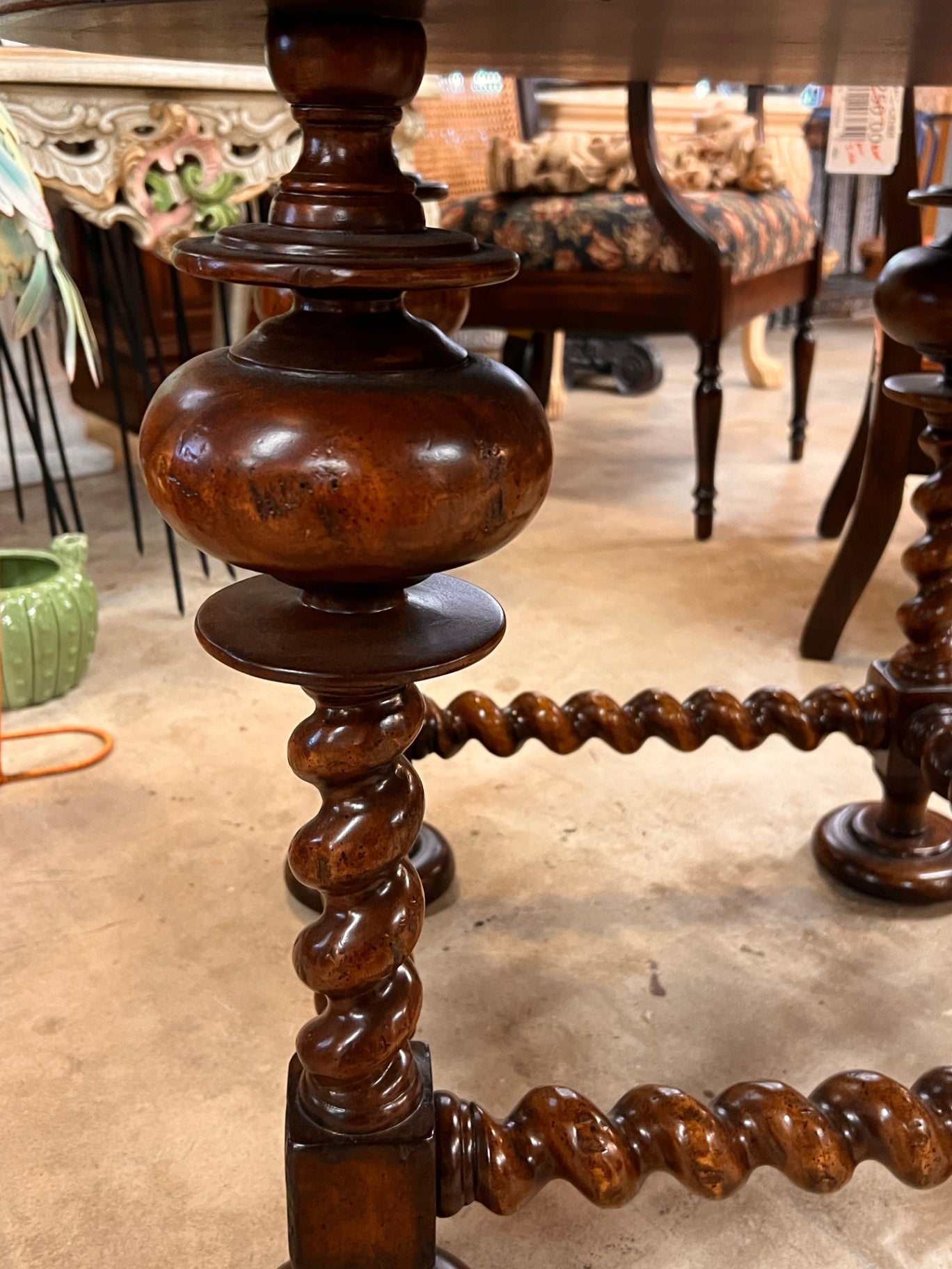 John-Richard European Crossroads Round Side Table – Leather Top, Barley Twist Legs
