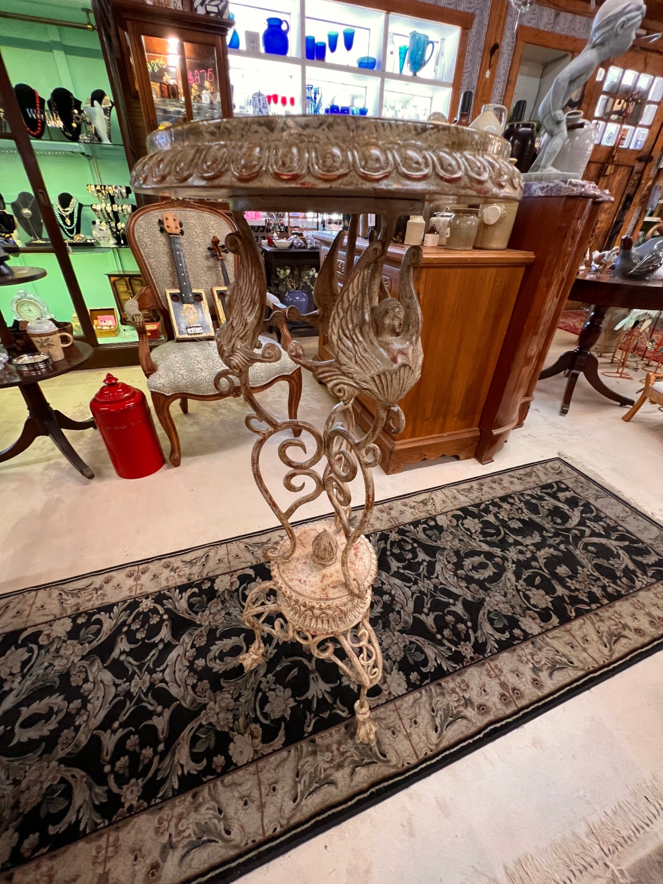 New Figural Caryatid Pedestal Side Table – Faux Crocodile Top, Hollywood Regency / Neoclassical