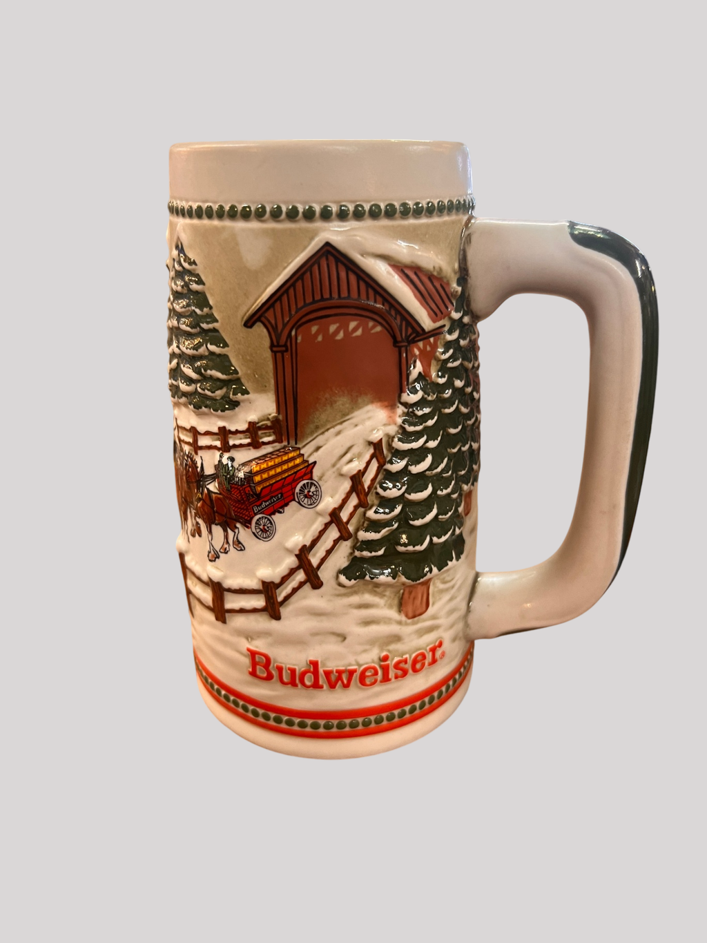 Budweiser Holiday Stein (Likely 1993 “Snow Covered Bridge”)