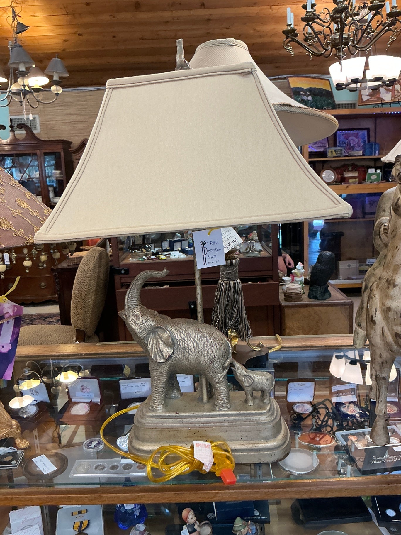 Boutique Elephant and Calf Table Lamp with Linen Shade