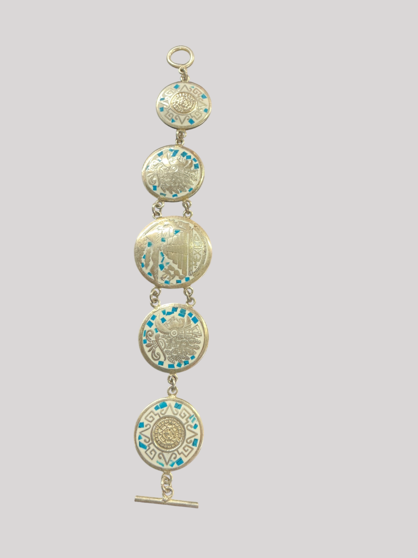 Vintage Mexican 925 Sterling Silver Bracelet – Aztec Calendar & Turquoise Inlay Panels