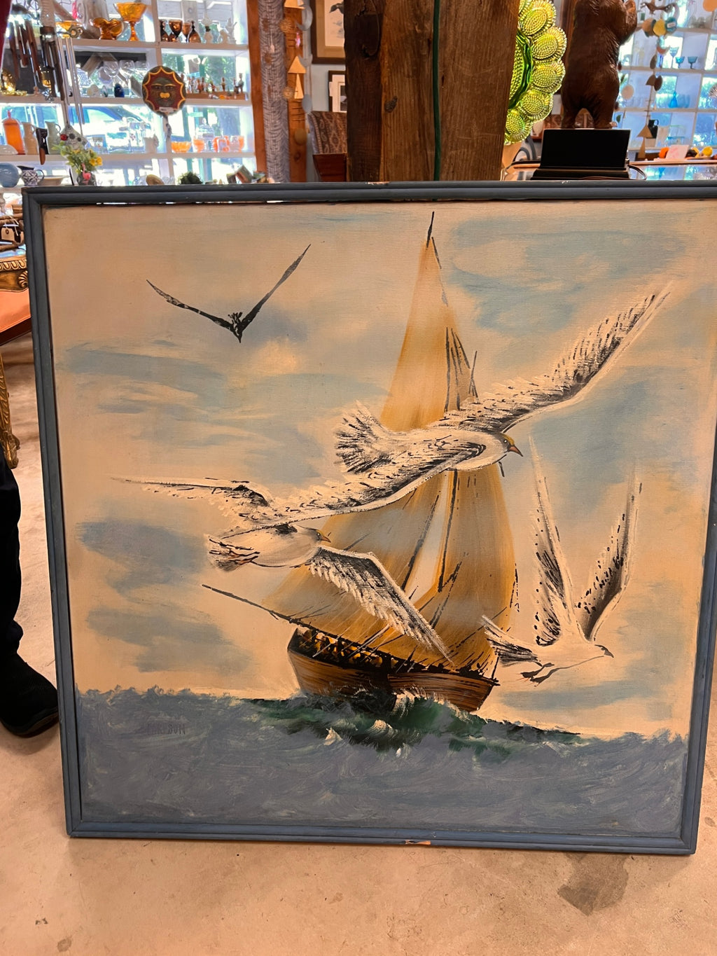 Vintage Mid-Century Nautical Seascape with Tall Ship and Seagulls, Signed Carlson