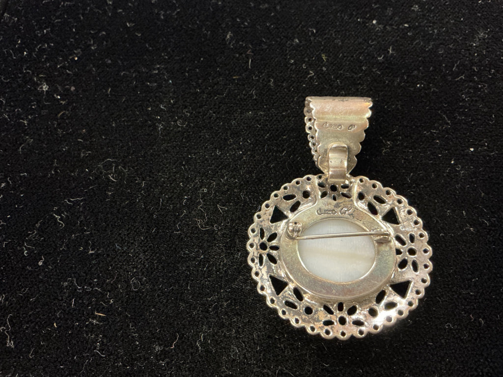 Vintage Mexican Sterling Silver Filigree Pendant Brooch – Abalone & Mother-of-Pearl 