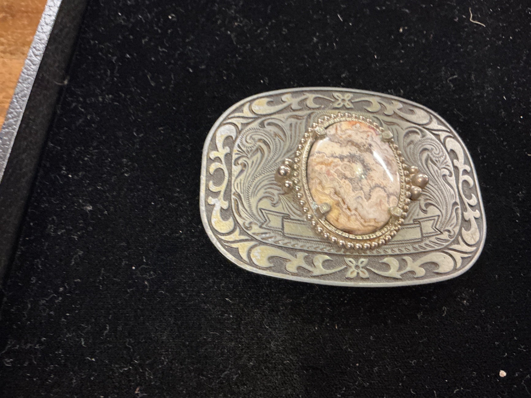 Vintage Western Nickel Silver Belt Buckle with Polished Agate Center