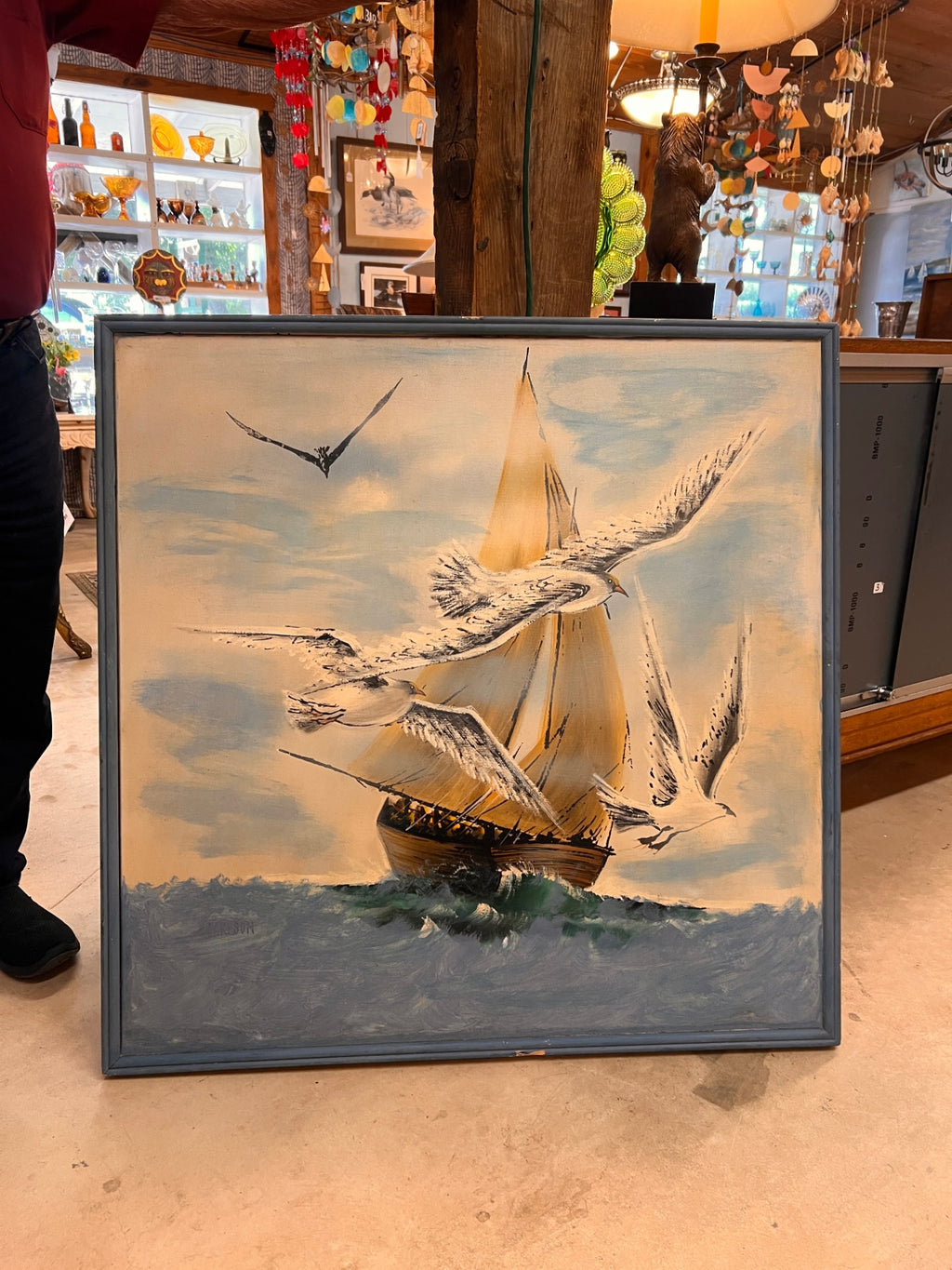 Vintage Mid-Century Nautical Seascape with Tall Ship and Seagulls, Signed Carlson