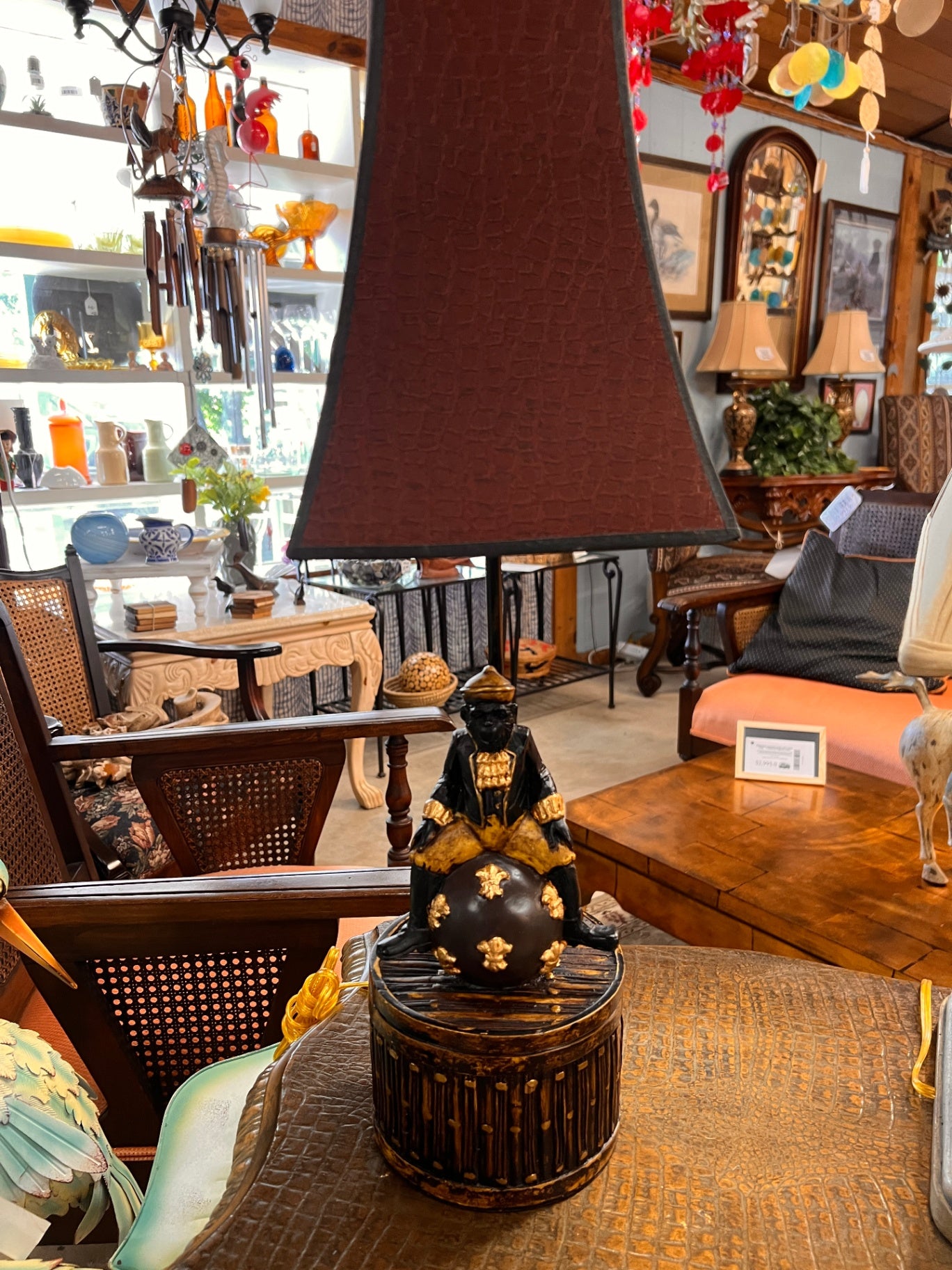 Exotic Boutique Figural Table Lamp with Red Crocodile-Pattern Shade