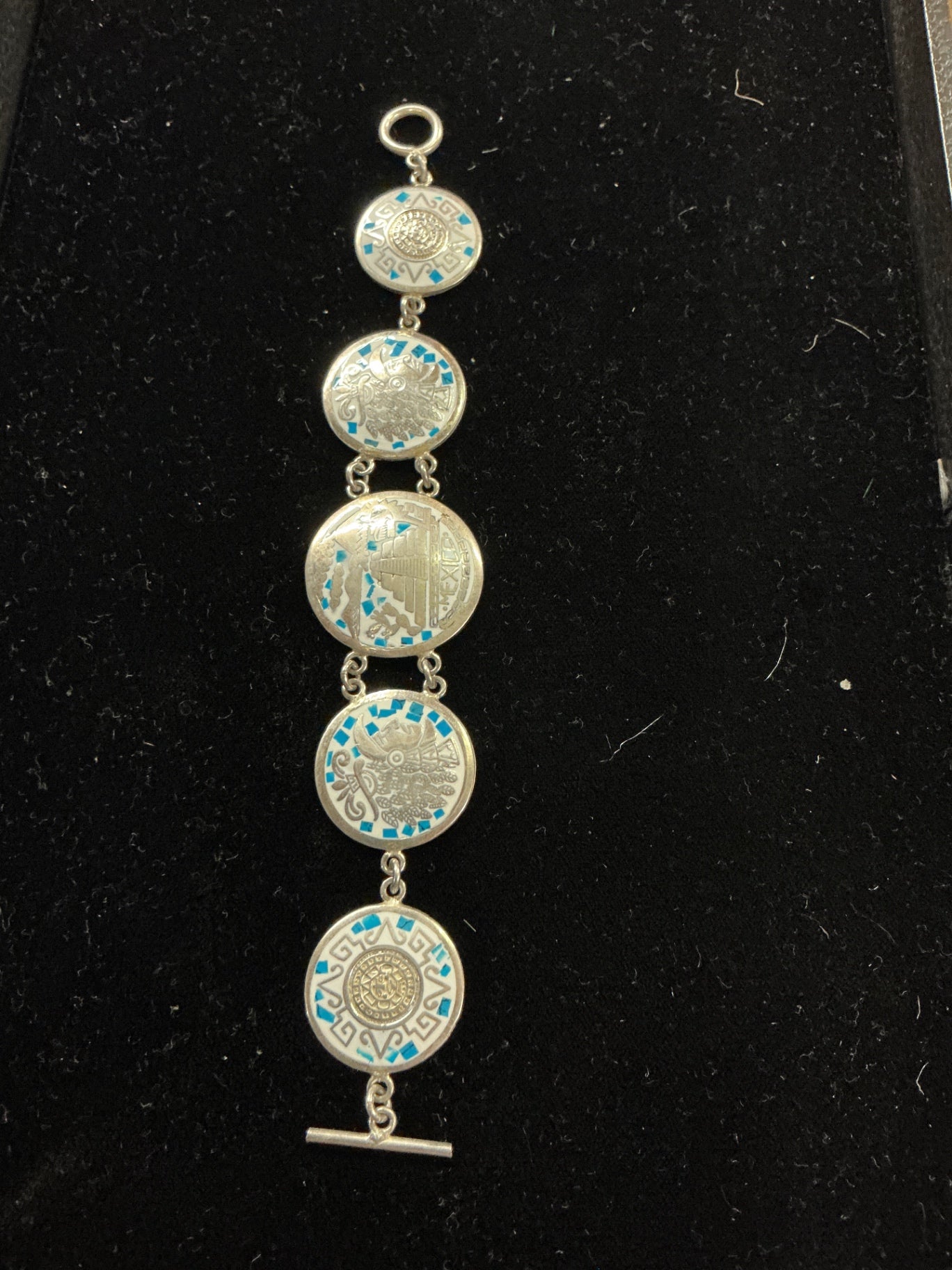 Vintage Mexican 925 Sterling Silver Bracelet – Aztec Calendar & Turquoise Inlay Panels