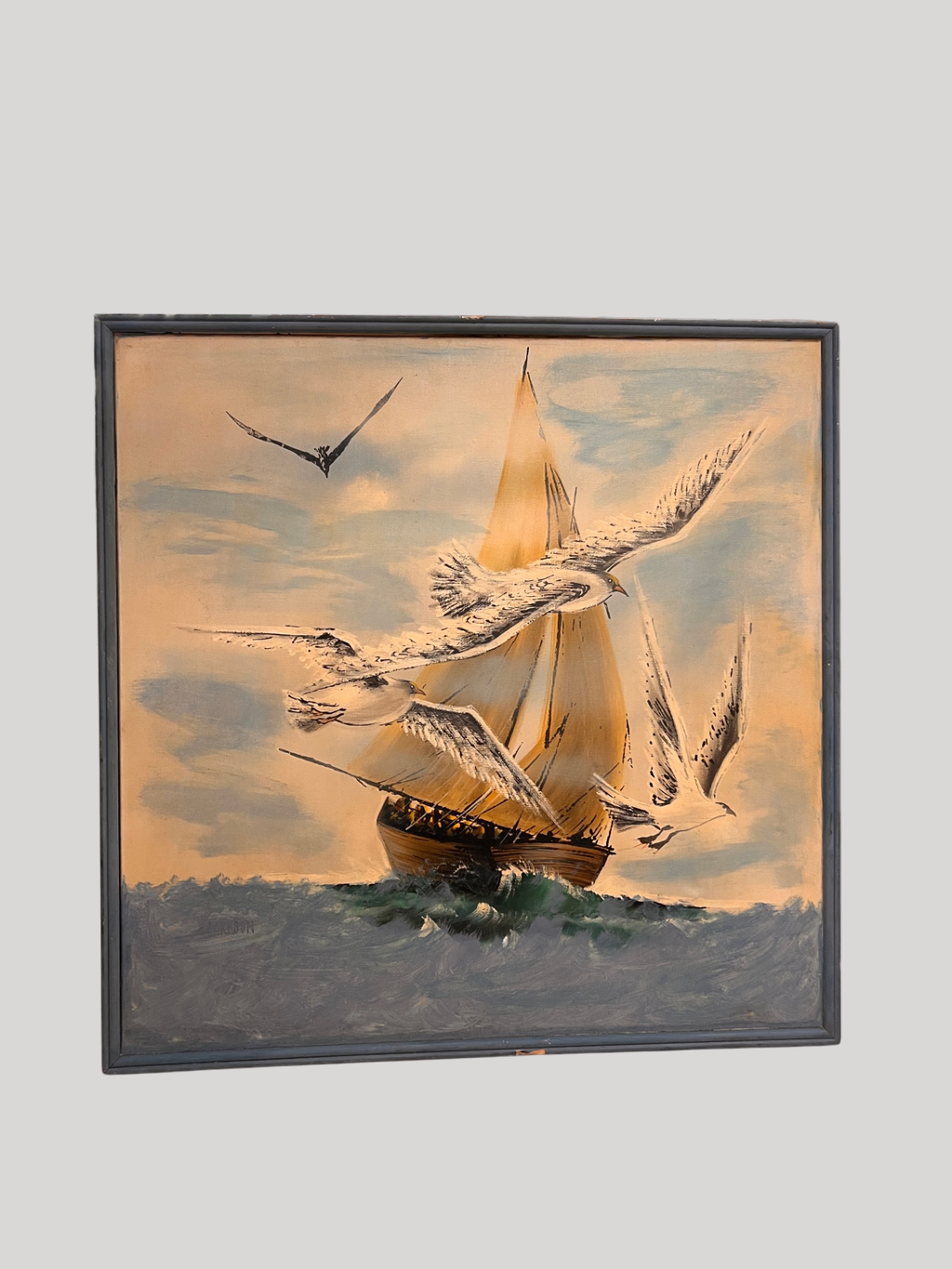 Vintage Mid-Century Nautical Seascape with Tall Ship and Seagulls, Signed Carlson