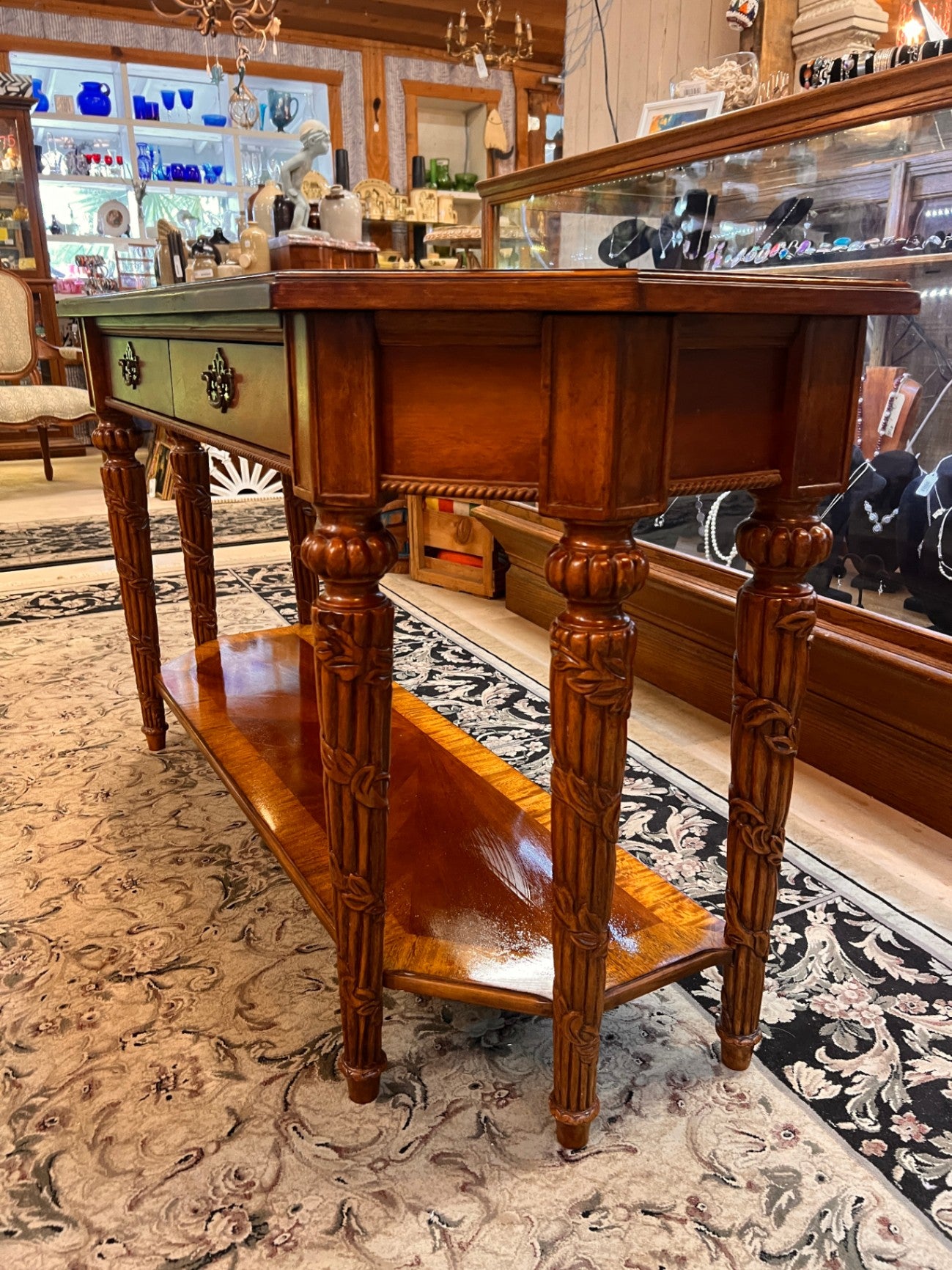 Inlaid Design Ornate Carved Leg Sofa Table