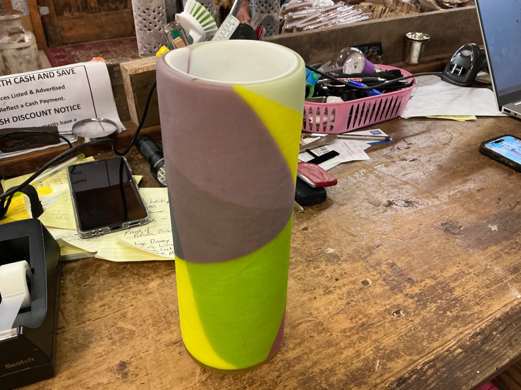 Contemporary Art Glass Cylinder Vase – Neon Yellow & Lavender Abstract Design