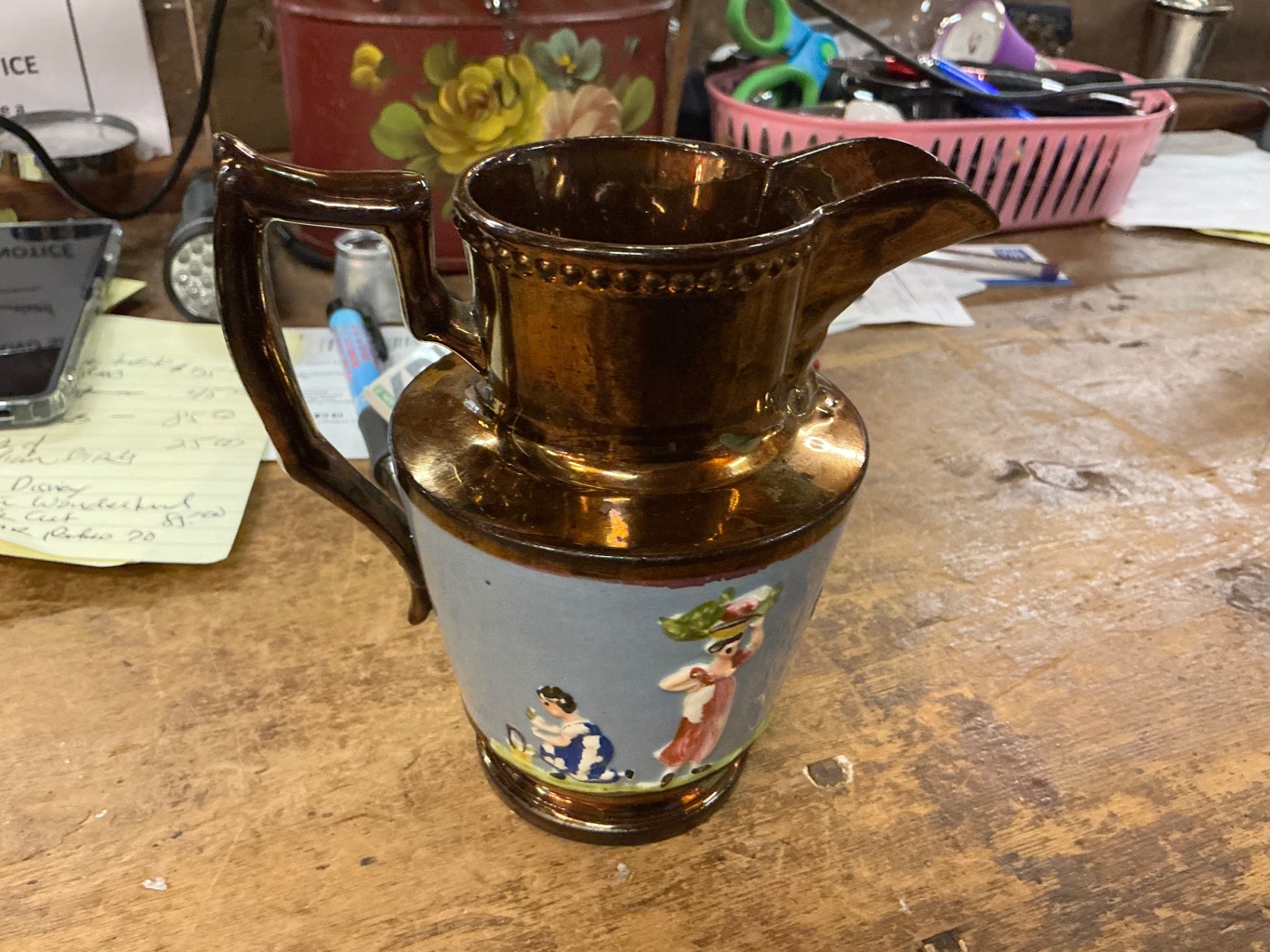 Antique Copper Lustreware Pitcher with Hand-Painted Floral Decoration