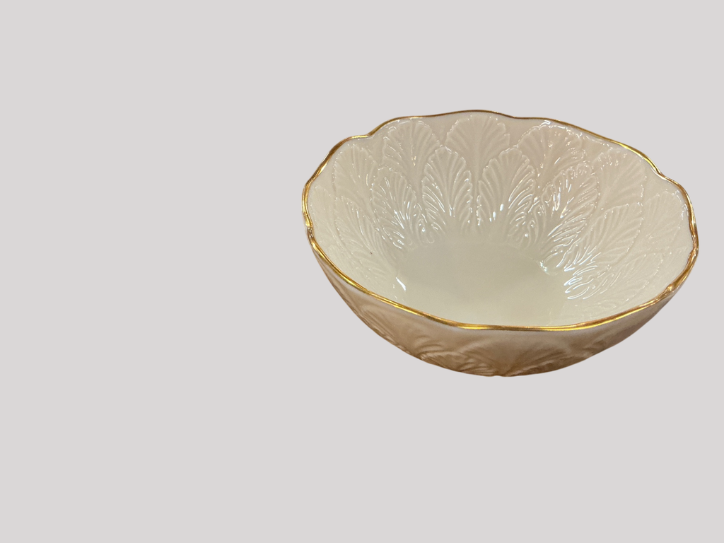 Vintage White Porcelain Nut or Candy Dish with Leaf Embossing & Gold Trim