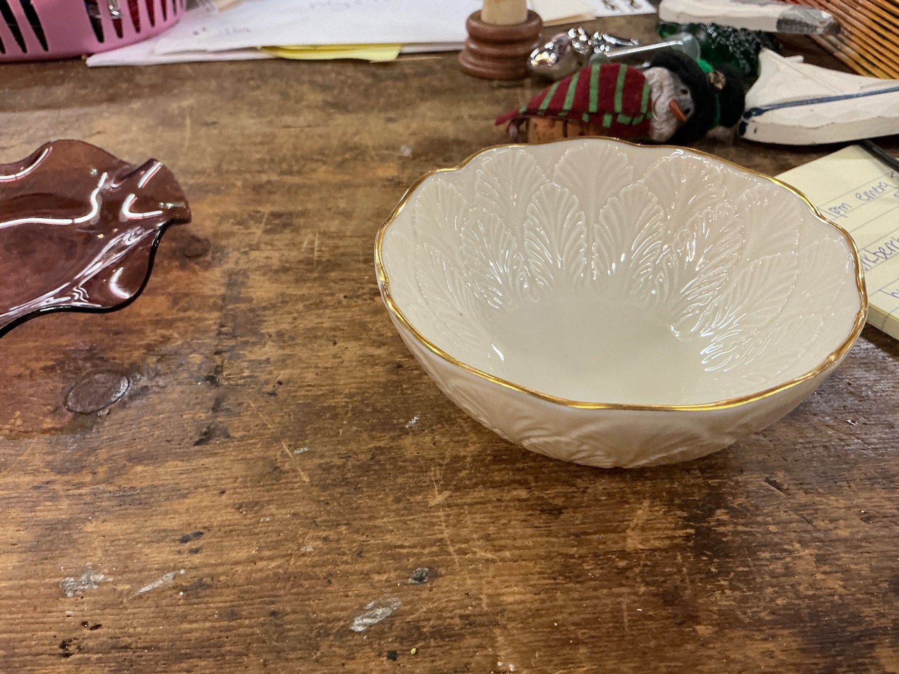 Vintage White Porcelain Nut or Candy Dish with Leaf Embossing & Gold Trim
