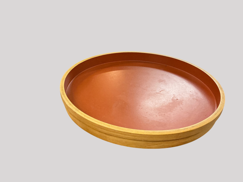 Mid-Century Modern Round Wooden Serving Tray with Red Lacquer Inset