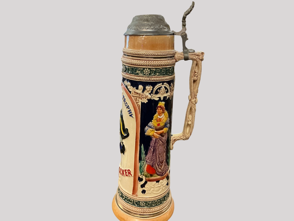 Ornate German Beer Stein with Pewter Lid – Hand-Painted Relief & Trophy Inscription