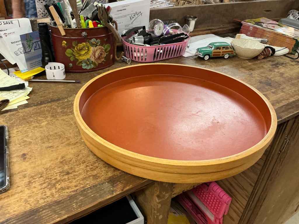Mid-Century Modern Round Wooden Serving Tray with Red Lacquer Inset