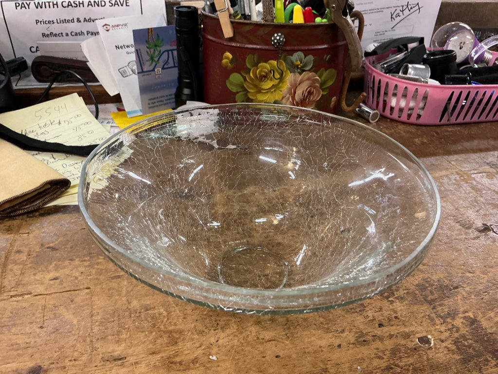 Vintage Crackle Glass Bowl – Clear Handblown Art Glass