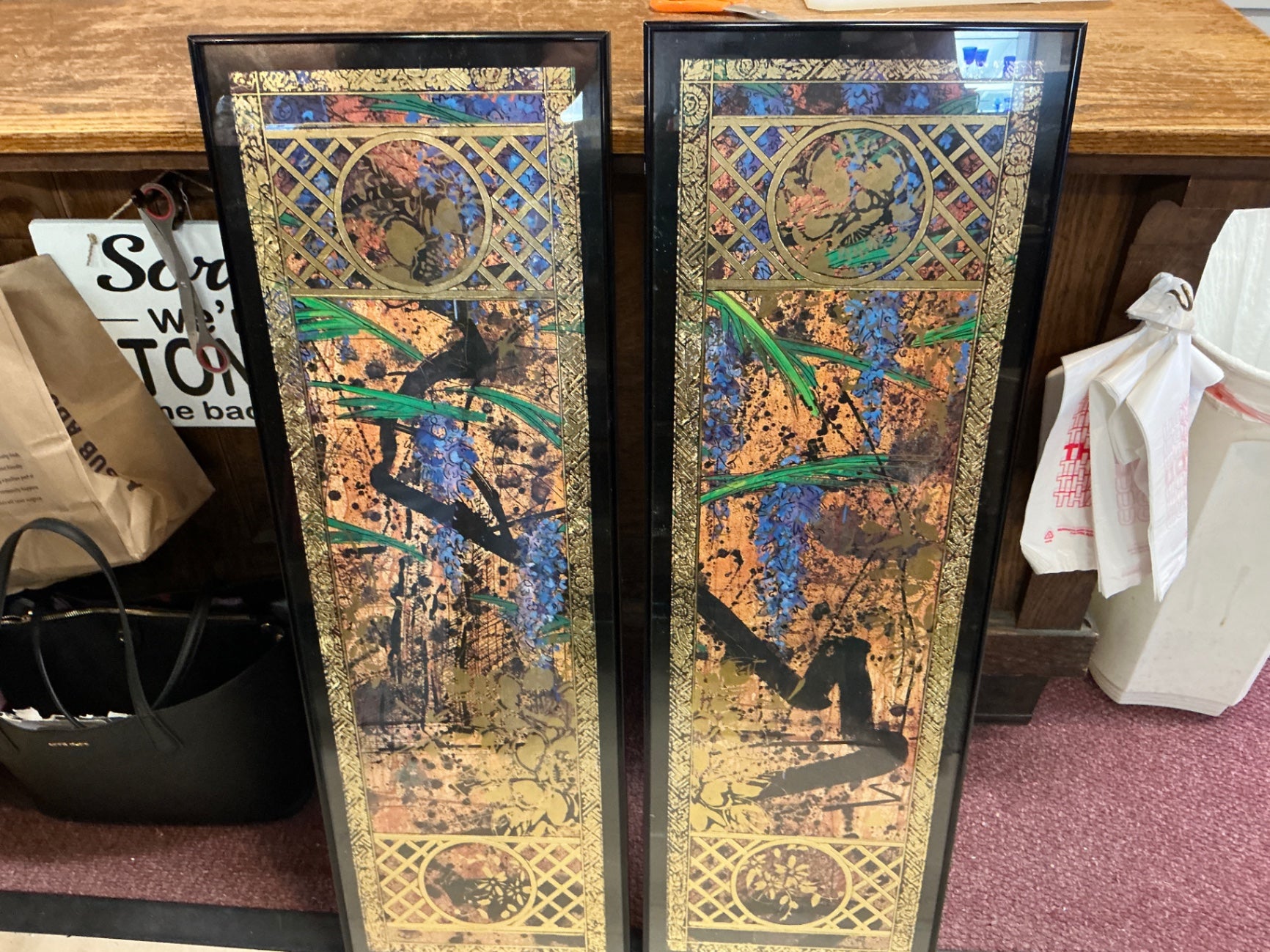Pair of Framed Metallic Botanical Abstract Panels – Contemporary Asian-Inspired Wall Art (Set of 2)”