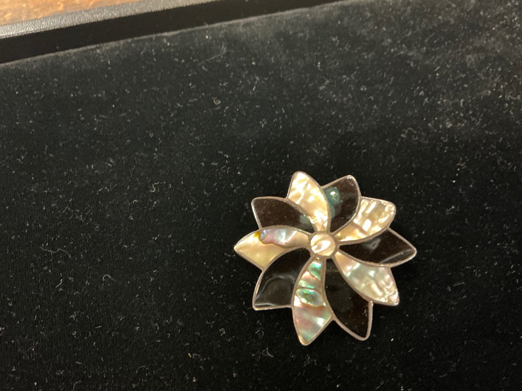 Vintage Mexican Sterling Silver Abalone and Onyx Inlay Flower Brooch