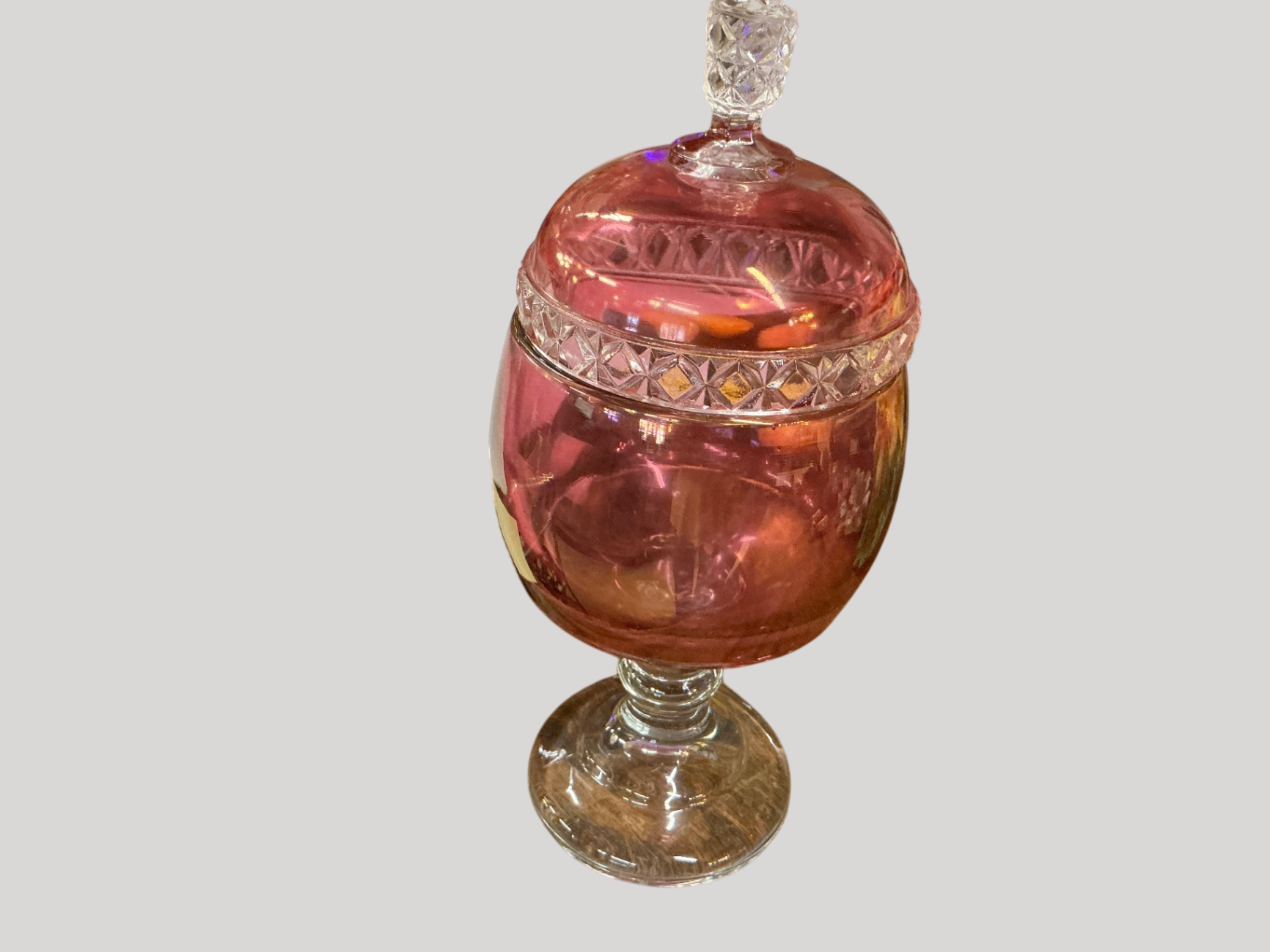 Antique Cranberry Glass Covered Compote with Cut Crystal Band and Finial – Early 20th Century Victorian Revival