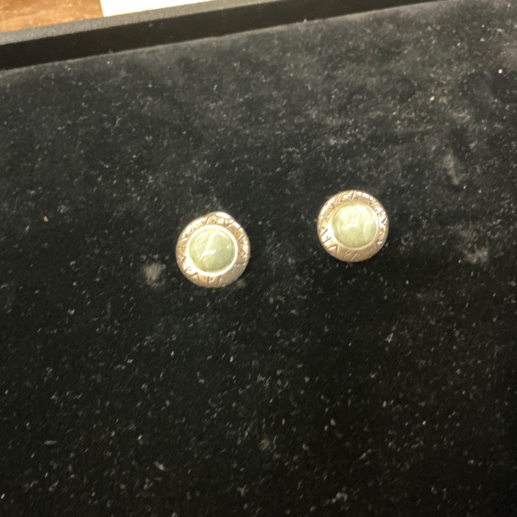 Sterling Silver Round Jade Stud Earrings with Engraved Border