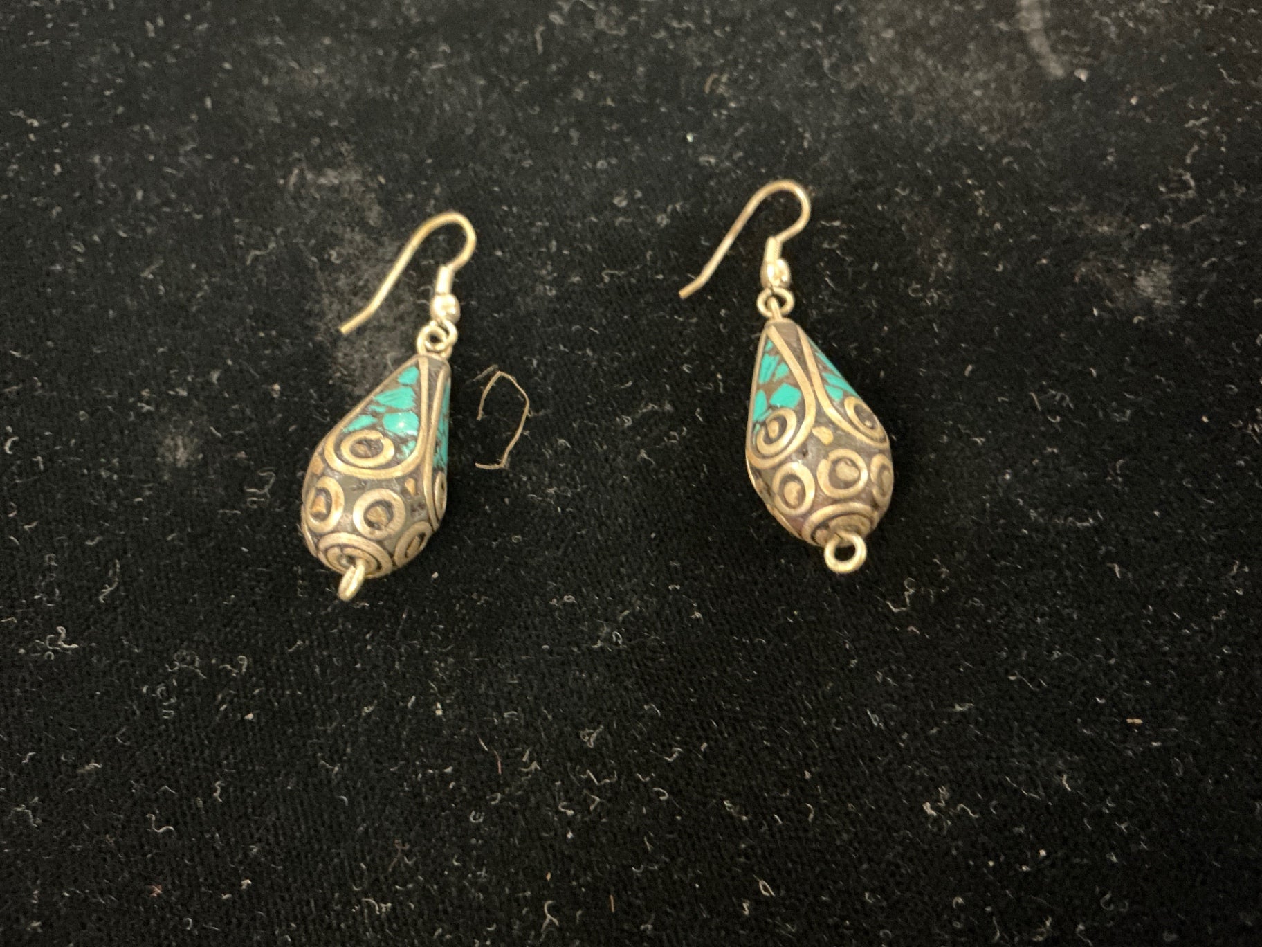 Ethnic Tibetan Brass and Turquoise Inlay Teardrop Earrings