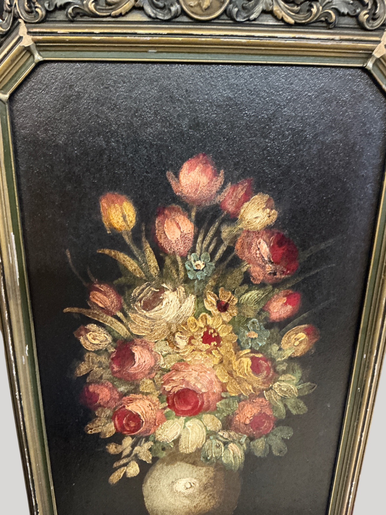 Antique Floral Still Life Painting on Board – Baroque Revival Frame, C. Early 20th Century