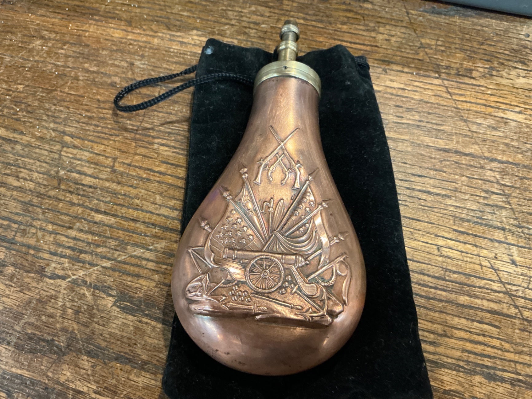 Embossed Copper and Brass Black Powder Flask — Military Motif
