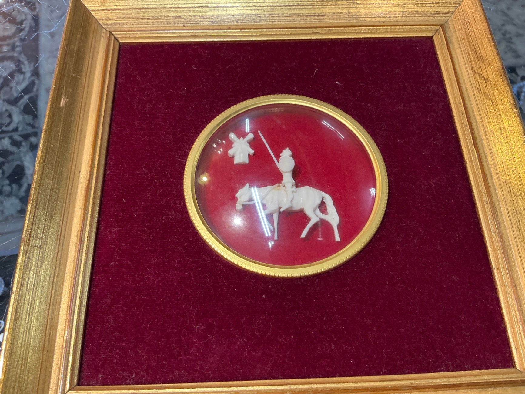 Hand-Carved Ivory Don Quixote Miniature — Framed Spanish Artwork