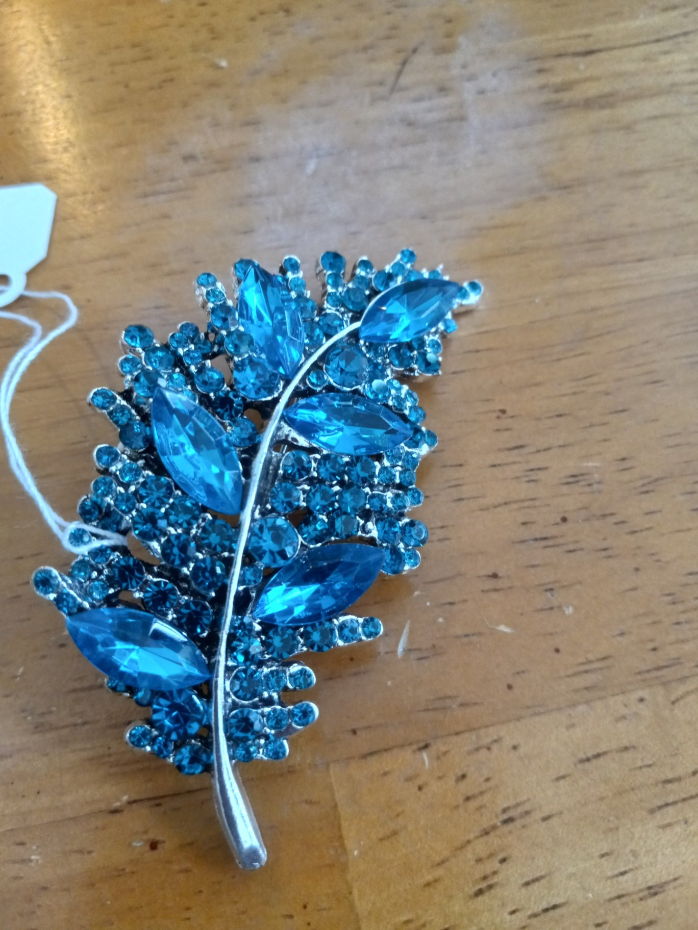 Teal rhinestone feather pin dsc 