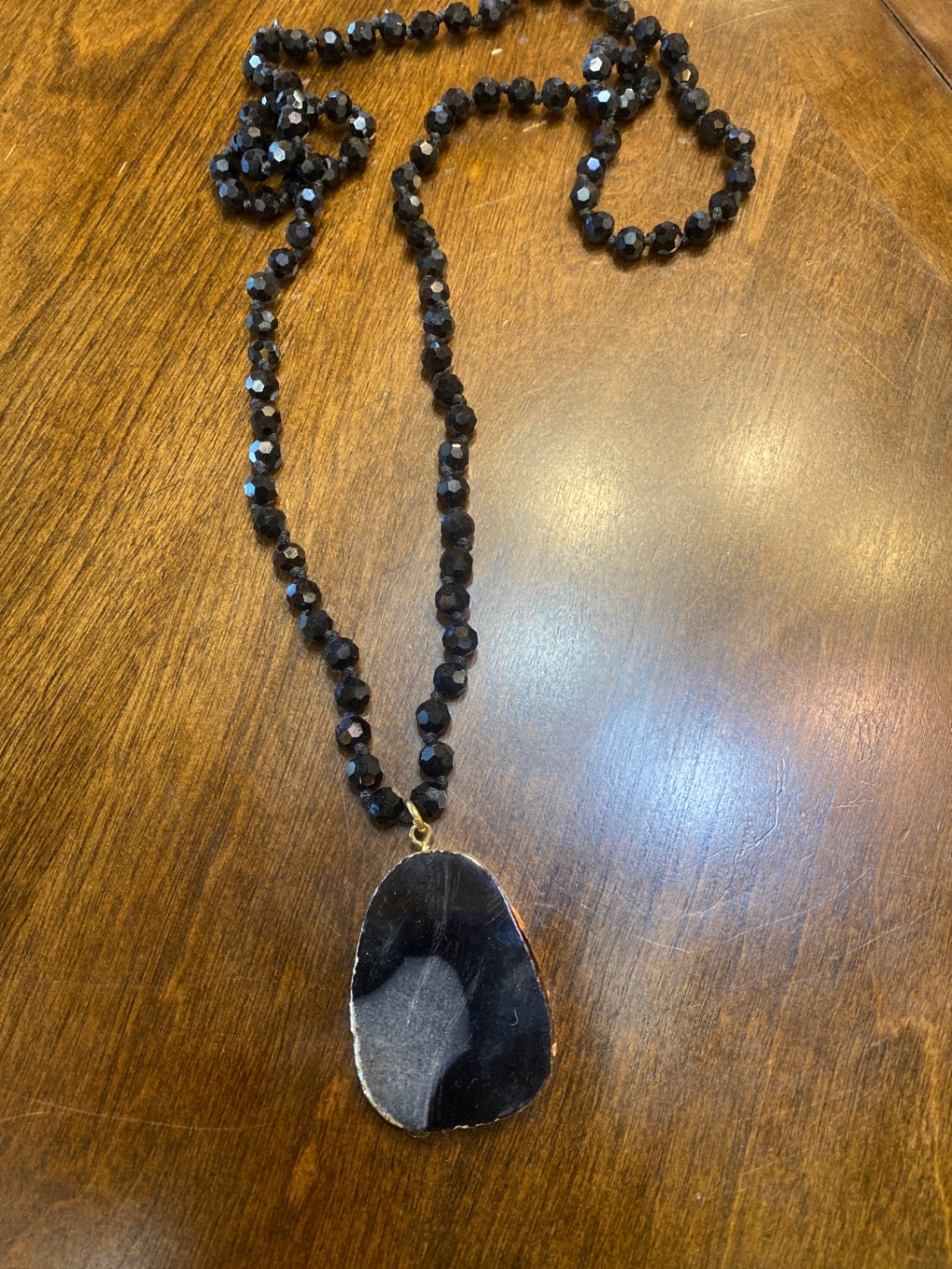 Hand Knotted Long Pendant Natural stone Black HHH