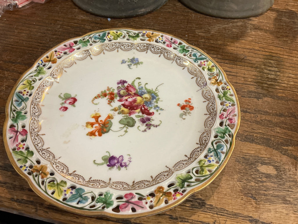 Antique Oremont Bavaria Reticulated Porcelain Plate – Hand-Painted Floral Center, Gold Accents
