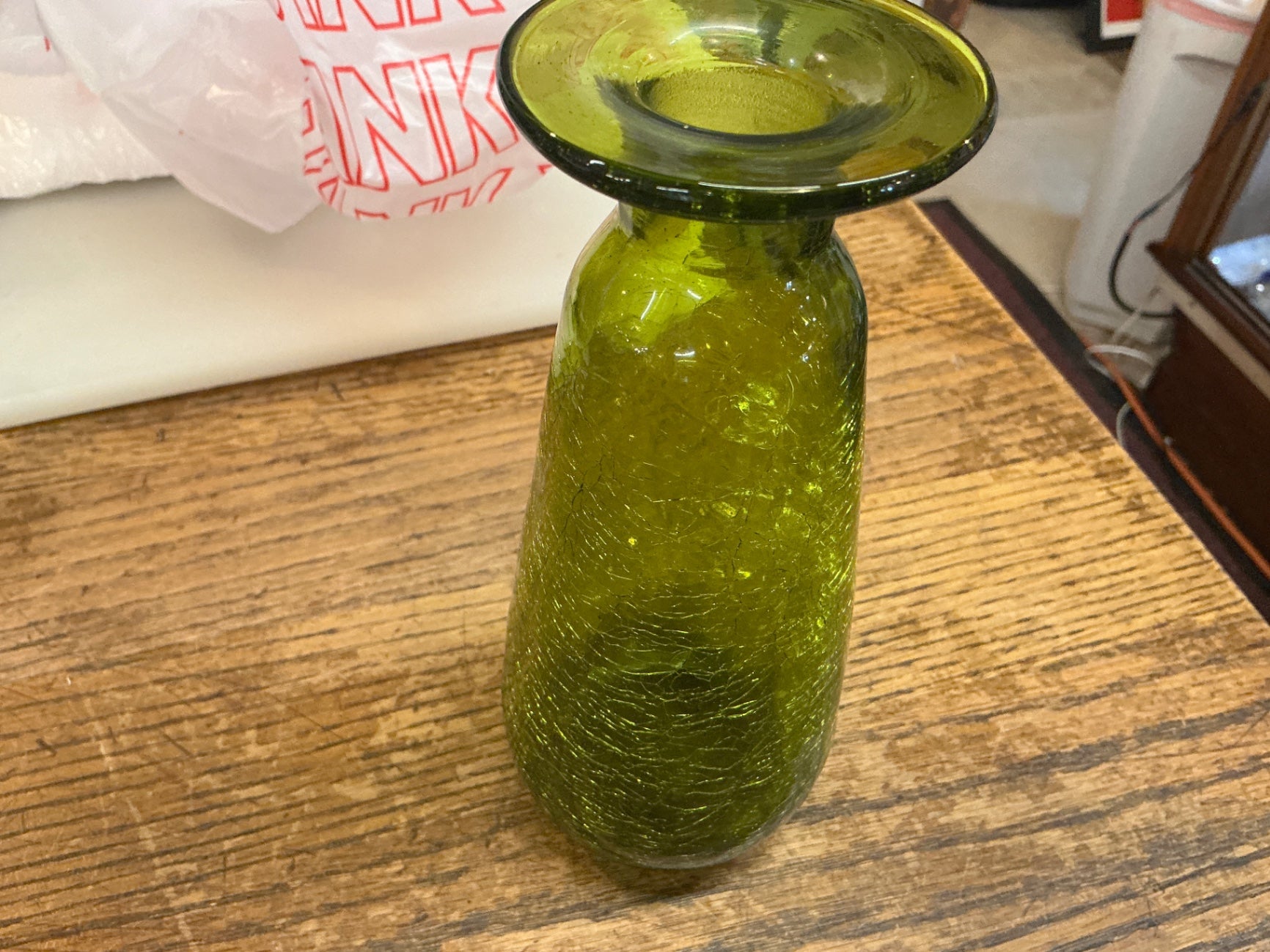 Mid-Century Crackle Glass Vase – Olive Green, Handblown