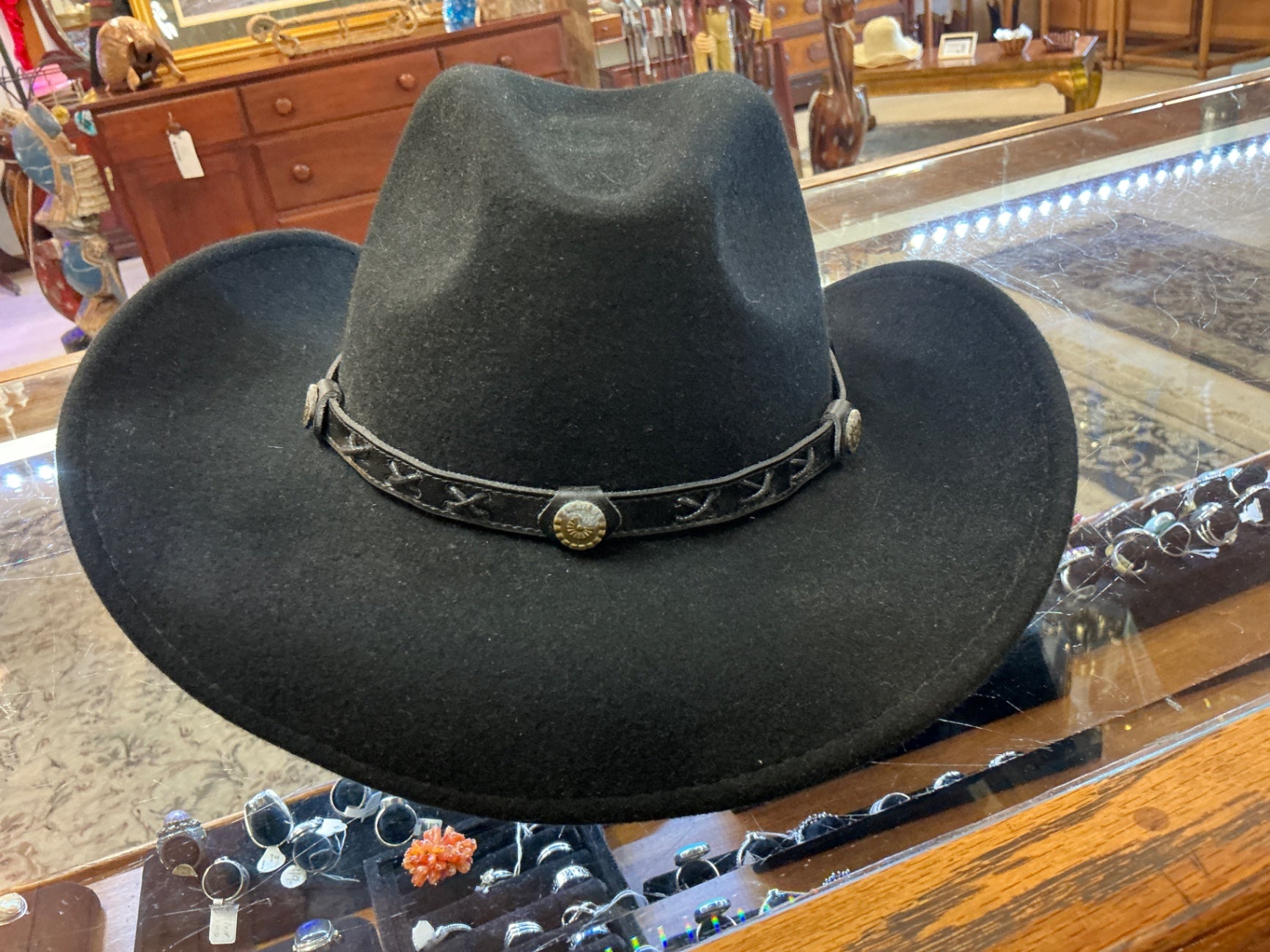 Black Felt Western Cowboy Hat with Tooled Leather Band and Conchos