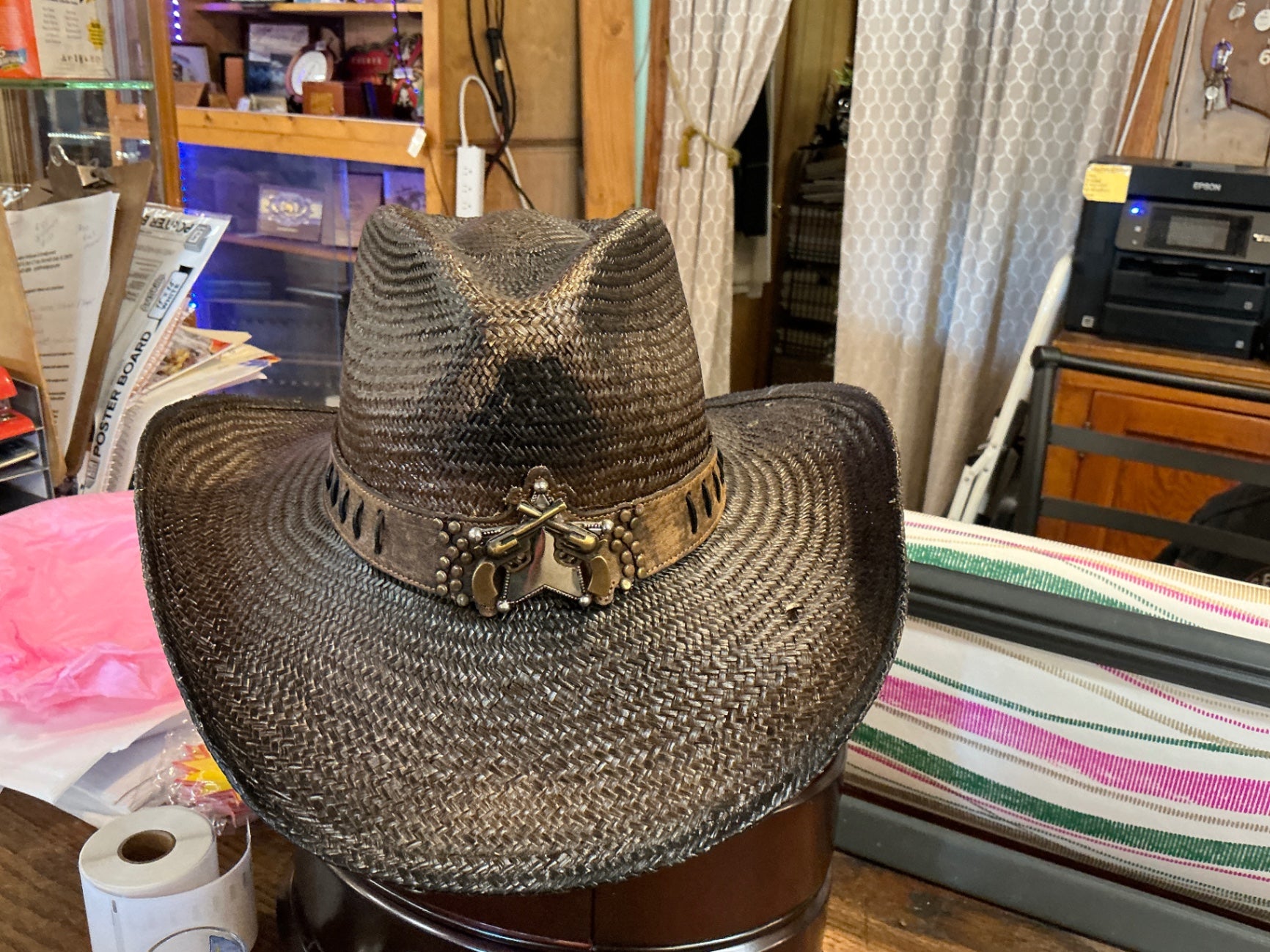 Western Straw Cowboy Hat with Decorative Leather Band and Crossed Pistols Concho