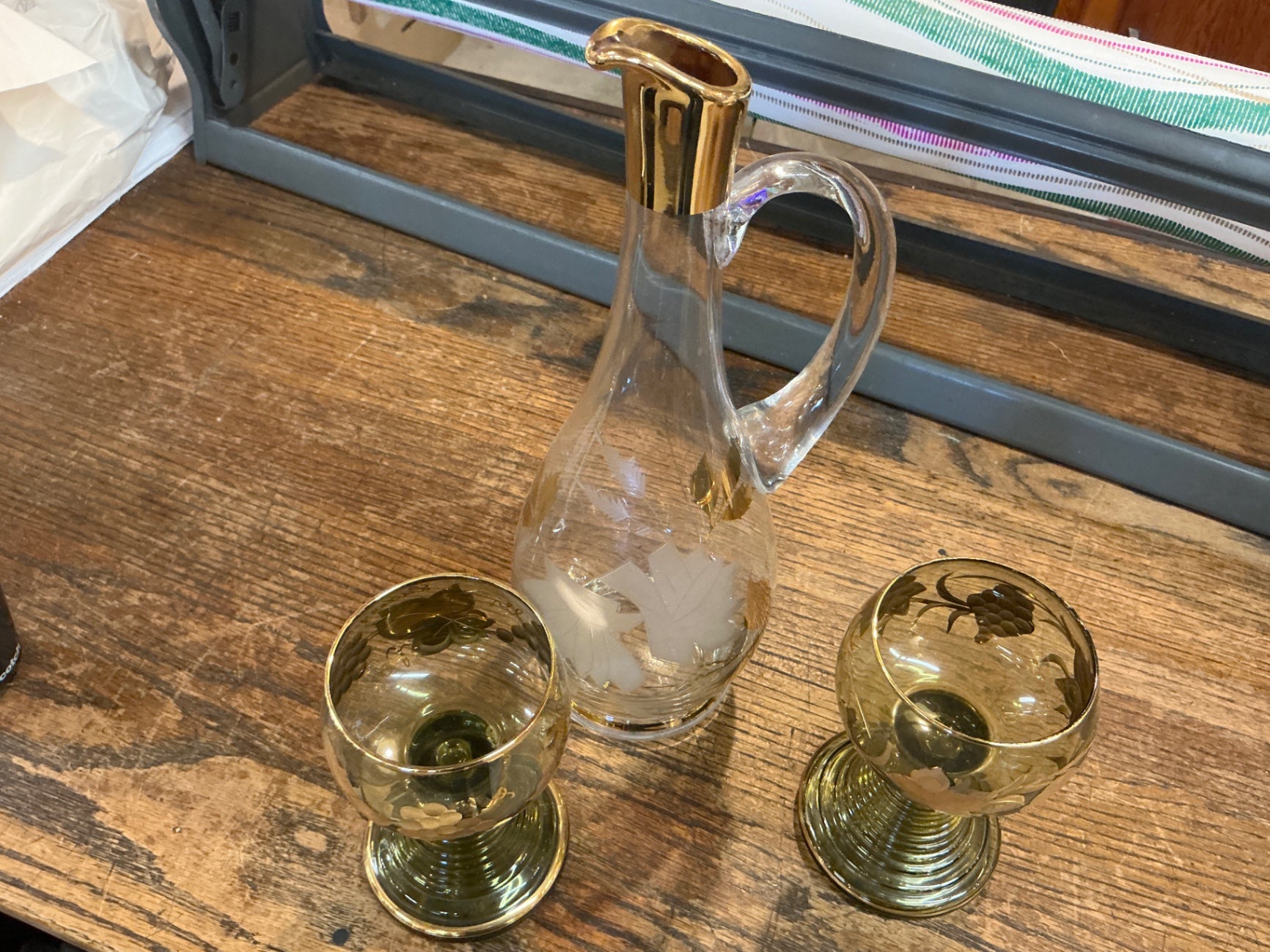 Vintage German “Ludwigshafen” Gilded Wine Decanter and Goblet Set – Etched Grapevine Motif, Gold Rim