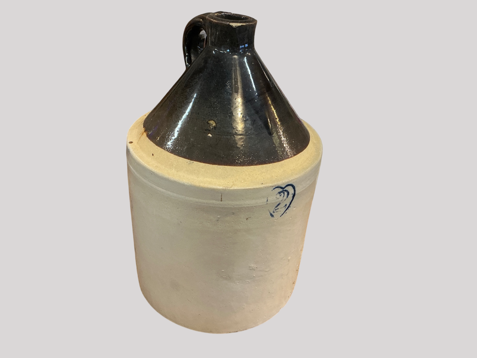 Antique Two-Tone Stoneware Whiskey Jug with Cobalt Blue Decoration