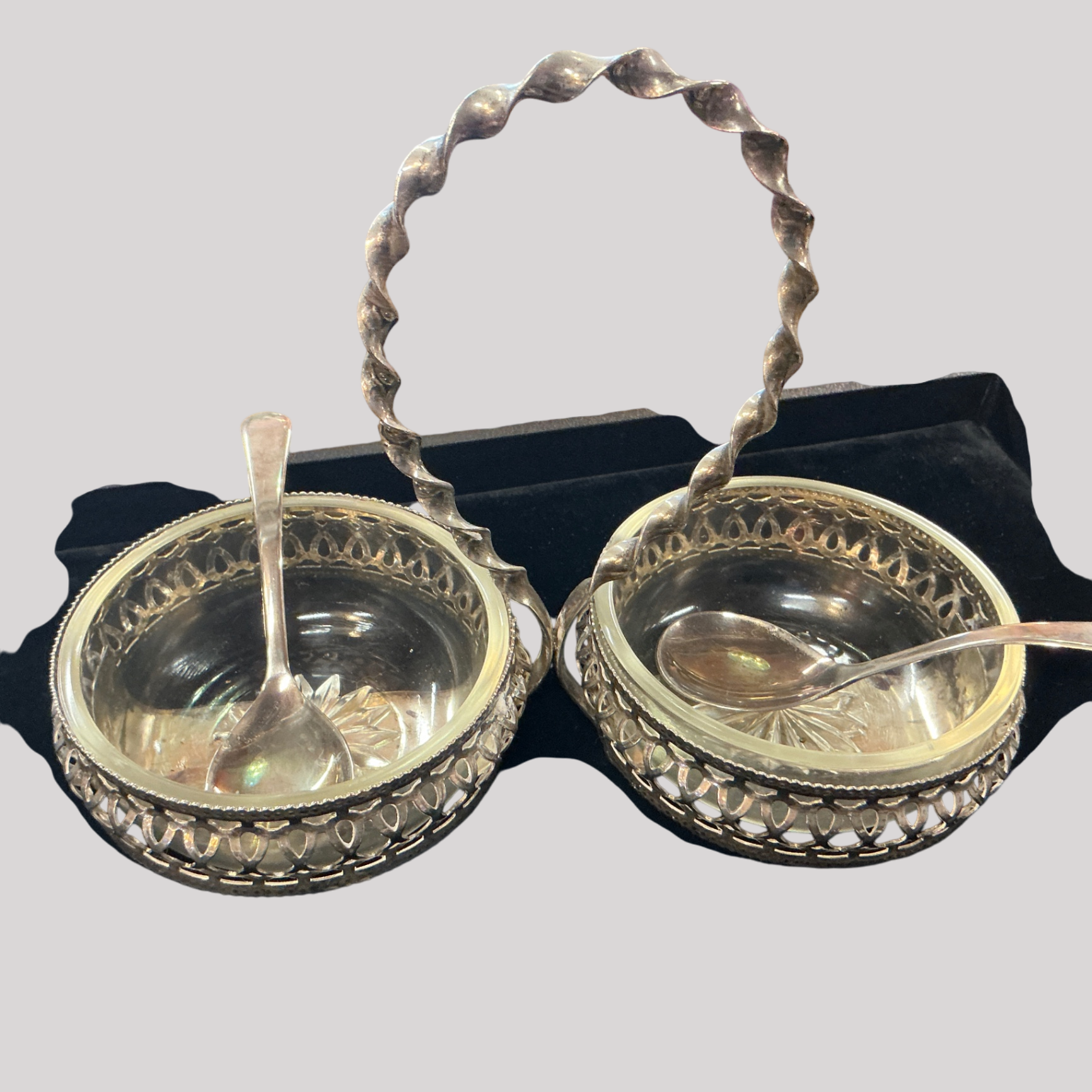 Vintage Silver-Plated Double Condiment Server with Pressed Glass Inserts and Matching Spoons