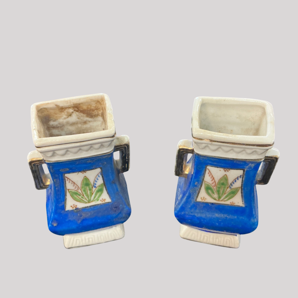 Pair of “Made in Occupied Japan” Hand-Painted Miniature Vases with Cobalt Blue Enamel